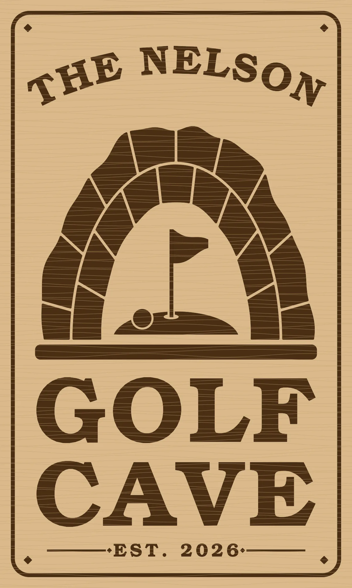 The Nelson Golf Cave sign: a stone archway framing a putting green and flag