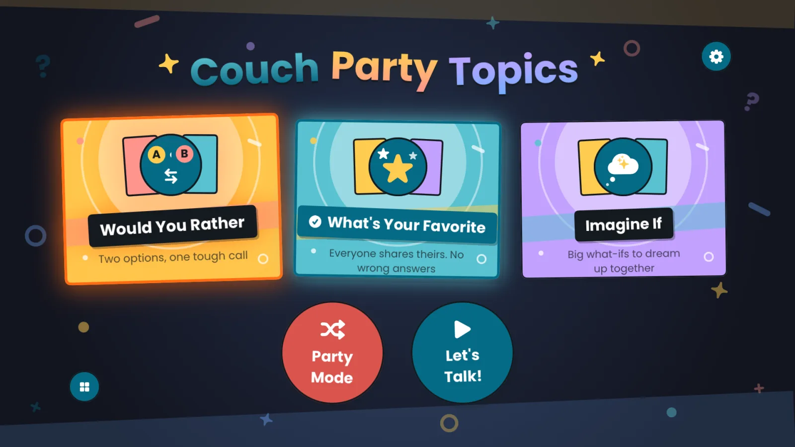 Couch Party Topics on Apple TV: Would You Rather, What's Your Favorite and Imagine If, with Party Mode and Let's Talk buttons