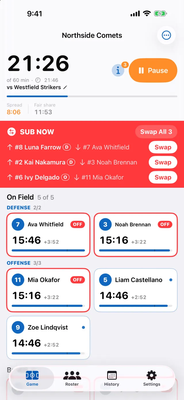 The game screen with live play time on every player card